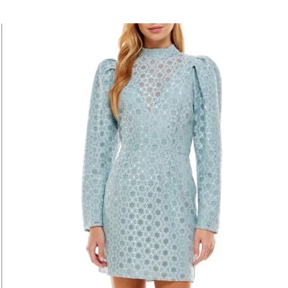 Wavy puff sleeve Elegant Blue Lace mini Dress
